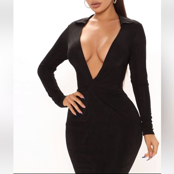 Fashion Nova Office Talk Slinky Long Sleeve Midi Dress - Black - Picture 2 of 13